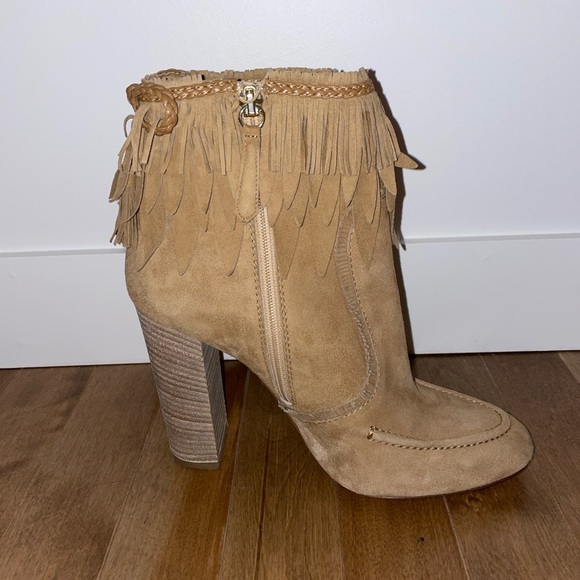 Aquazzura Tan Tiger Lilly Suede Fringe Booties 38 NEW - Picture 4 of 10